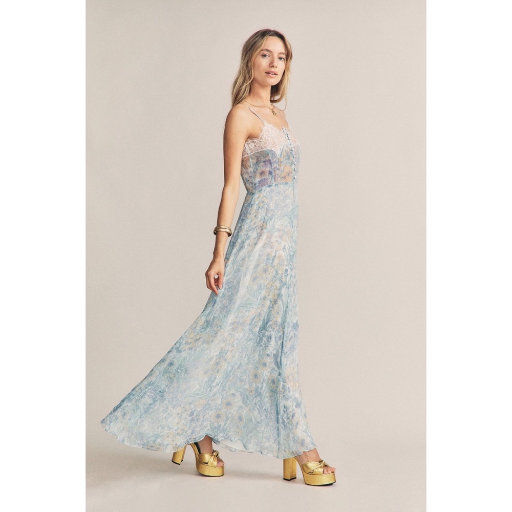 LoveShackFancy Pale Blue Floral Maxi Dress
